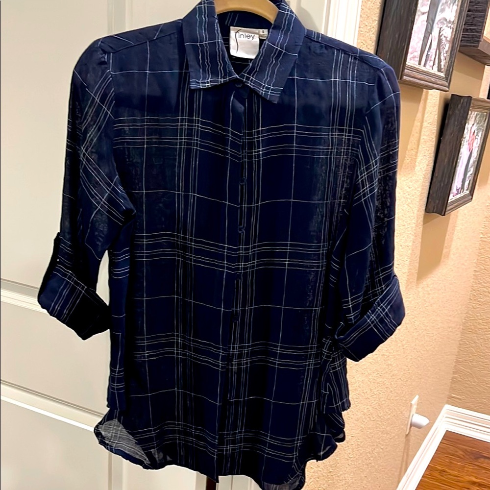Navy Plaid linen Finley blouse